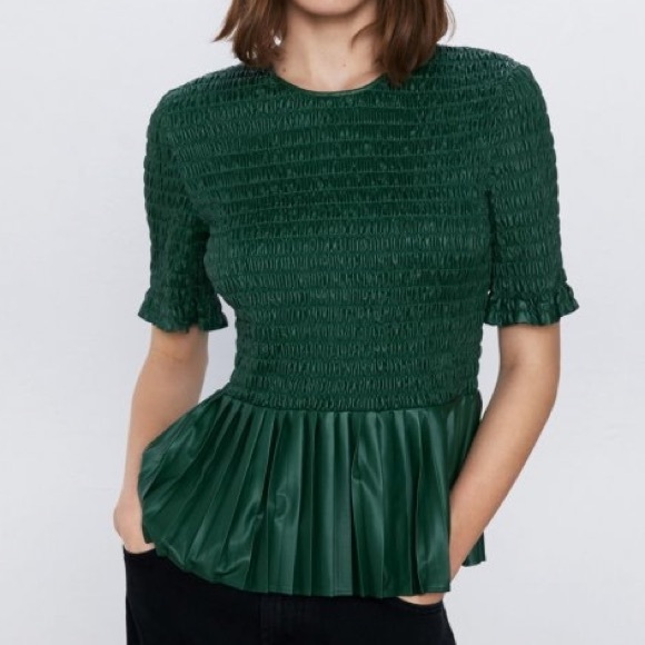 Zara Tops - ZARA Ruched Faux Leather Top in Bottle Green Size Medium
